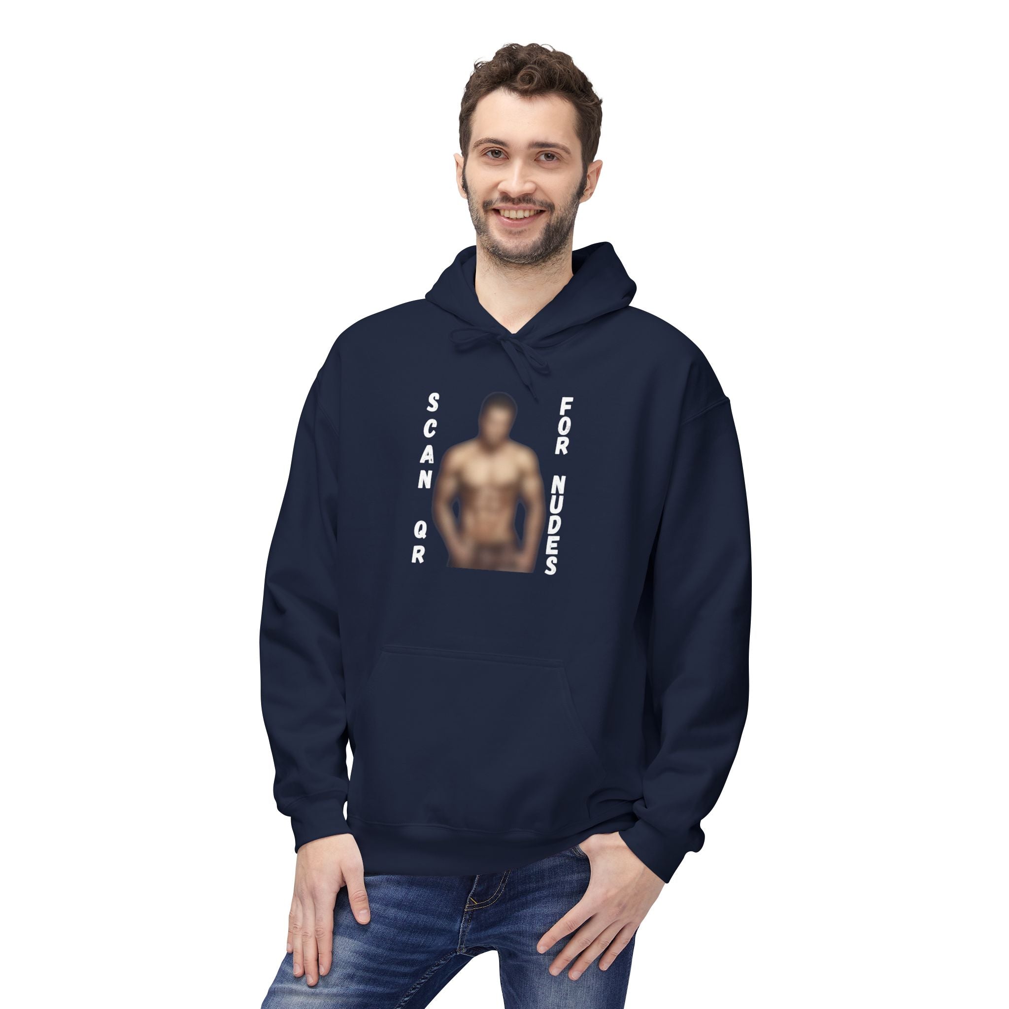 Scan For Nudes QR Man Kangaroo Pockets Hoodie