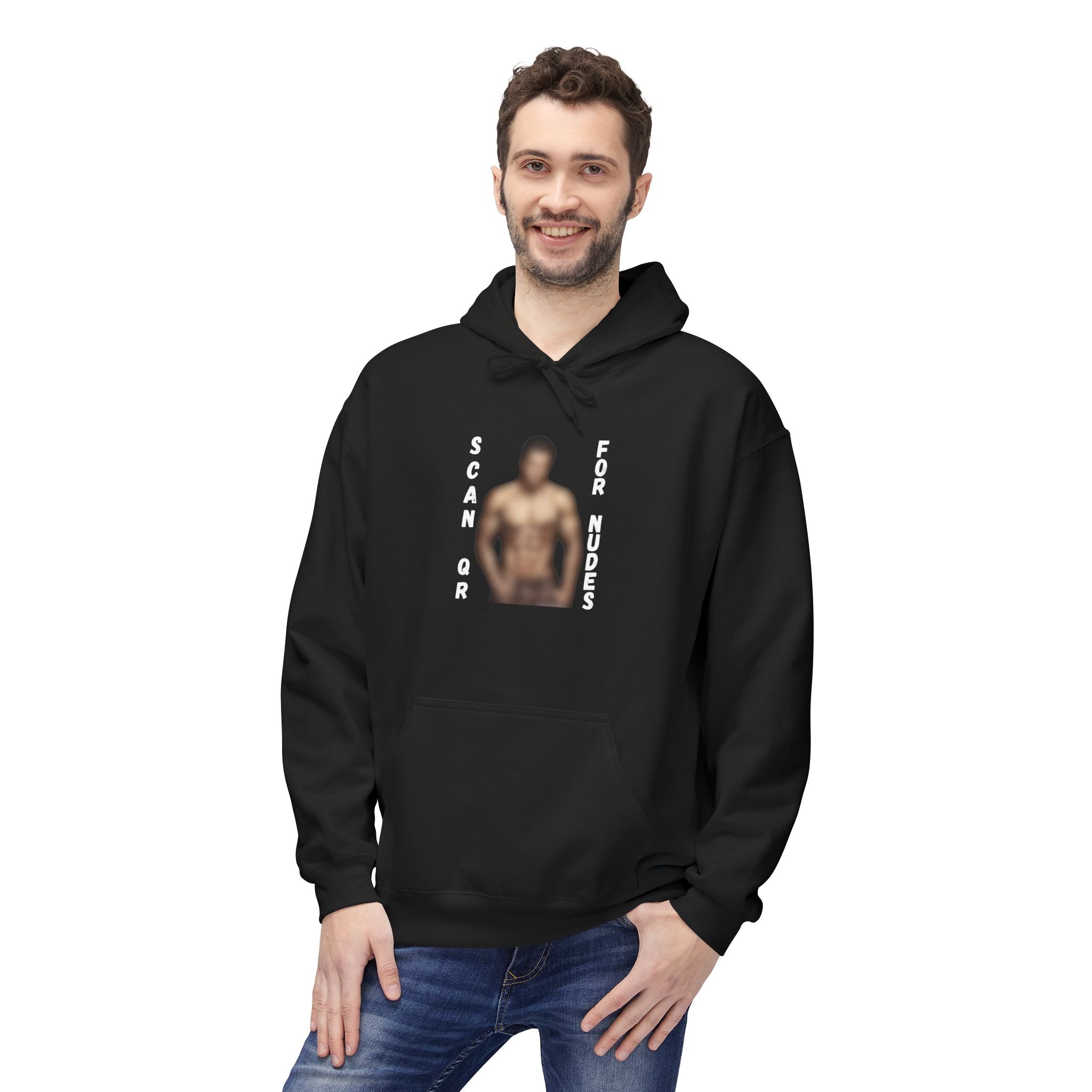 Scan For Nudes QR Man Kangaroo Pockets Hoodie